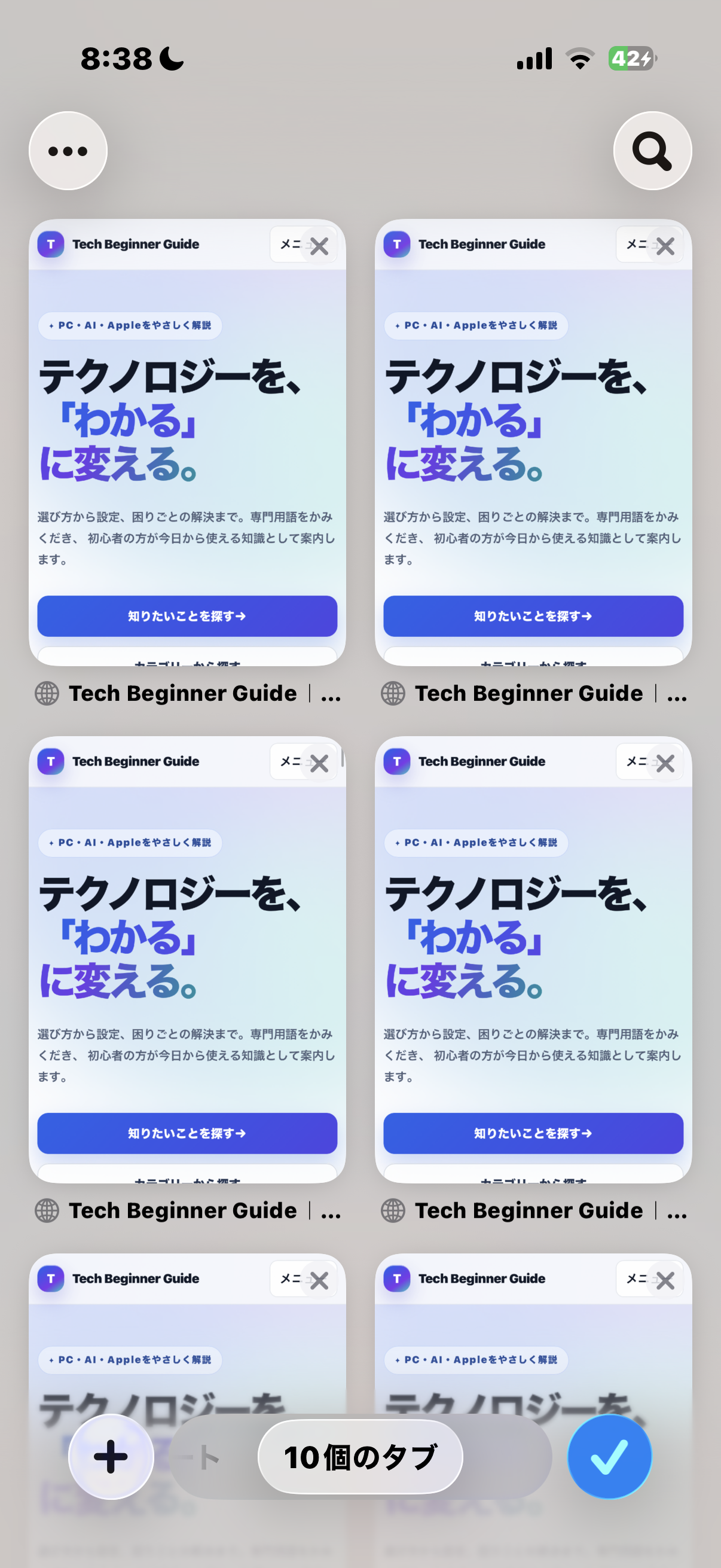 Safariのタブ一覧。複数のページが並び、下部に10個のタブと青いチェックマークが表示されている