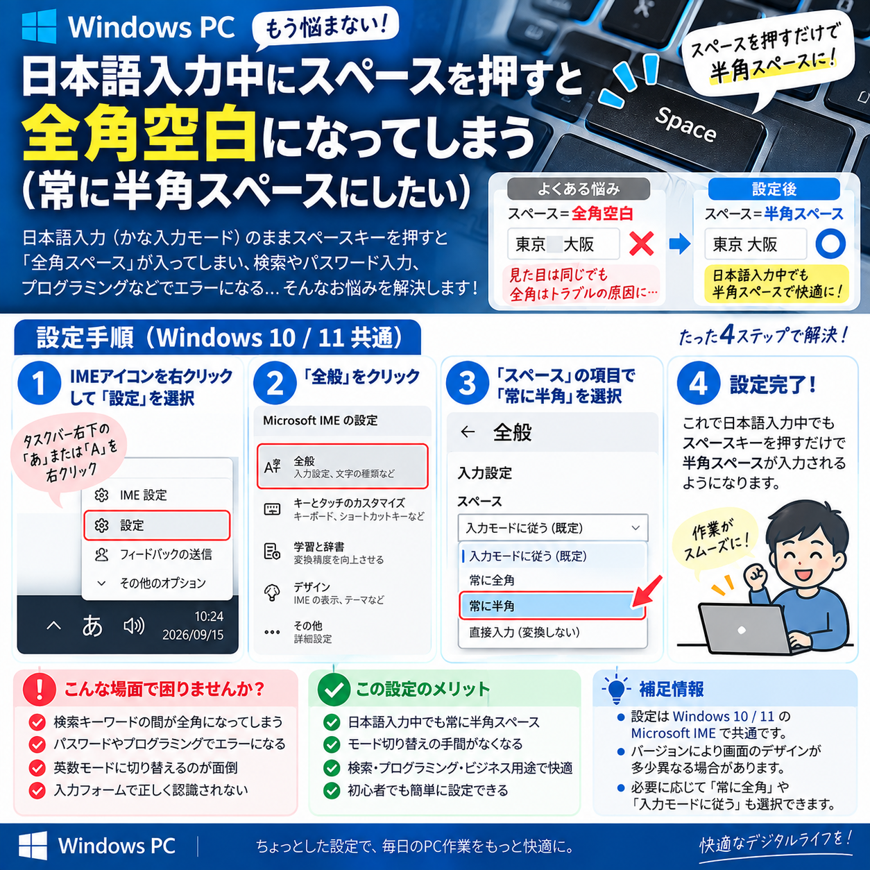 Microsoft IMEの設定からスペースを常に半角にする手順の図